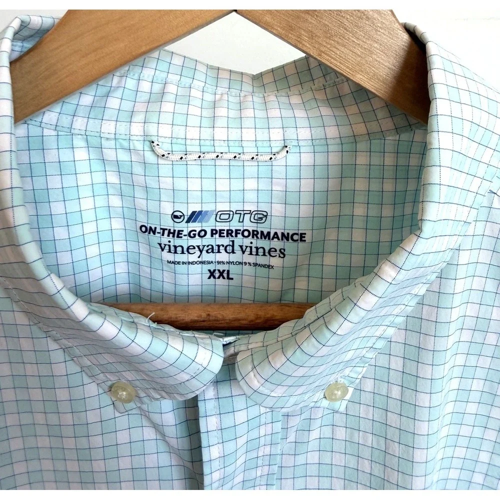 Vineyard Vines OTG Button Down Shirt 2XL Blue On The Go Gingham Performance